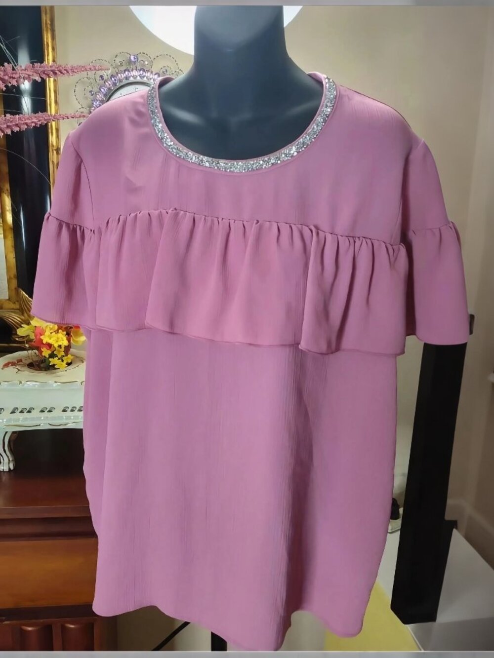 Juicy Couture Ruffle Layer Crepe Embellished Neckline Women's Blouse Sz XXL